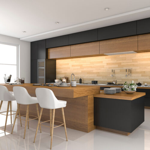3d rendering modern black kitchen with wood decor